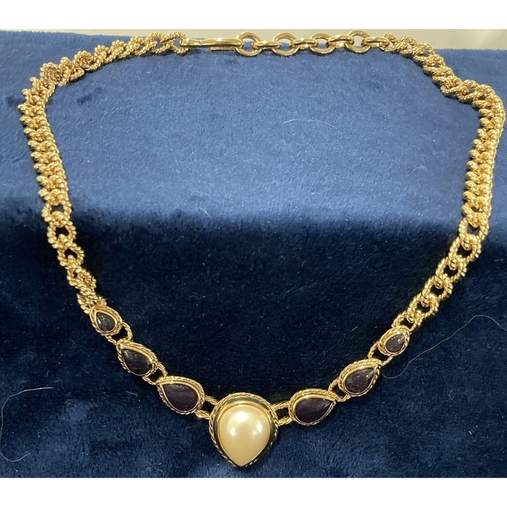 Monet Designer Faux Pearl & Black on Gold Enamel Accents Gold Toned LinkNecklace